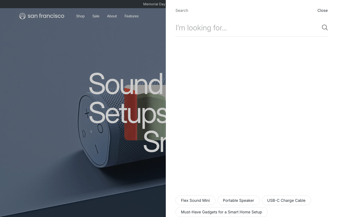 Search → panel opened — Navi+ on the San Francisco Shopify theme