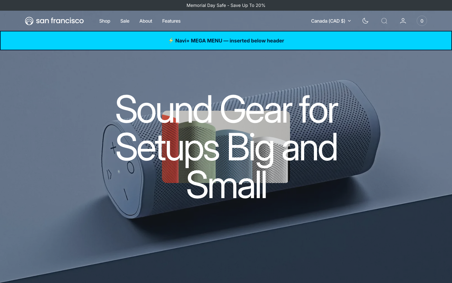 Menu inserted below header — Navi+ on the San Francisco Shopify theme