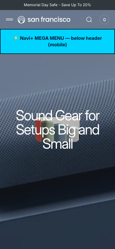 Menu inserted below header — Navi+ on the San Francisco Shopify theme