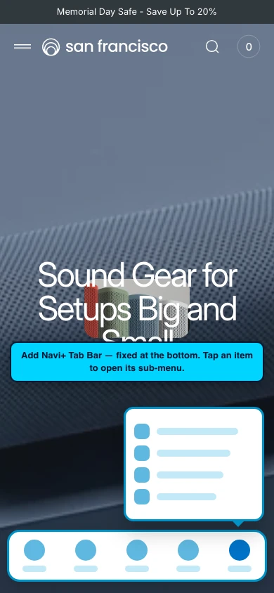 Navi+ Tab Bar on the San Francisco Shopify theme