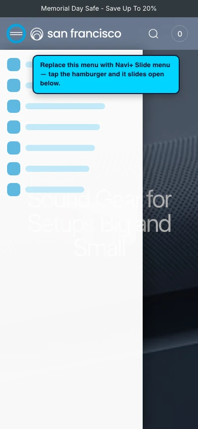 Navi+ Slide Menu on the San Francisco Shopify theme