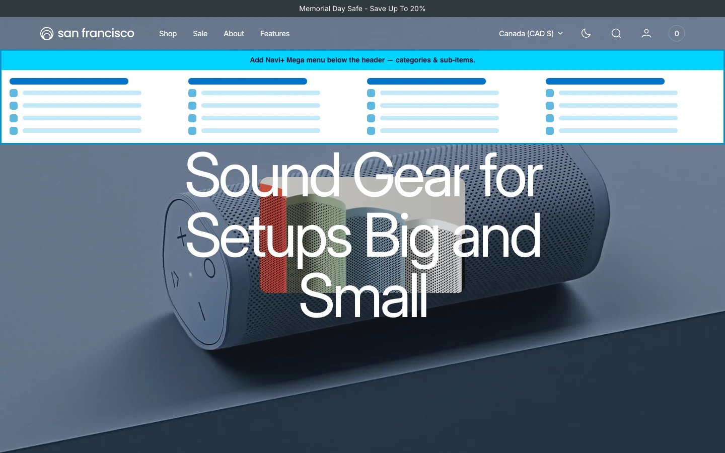 Navi+ Mega Menu inserted below the header on the San Francisco Shopify theme