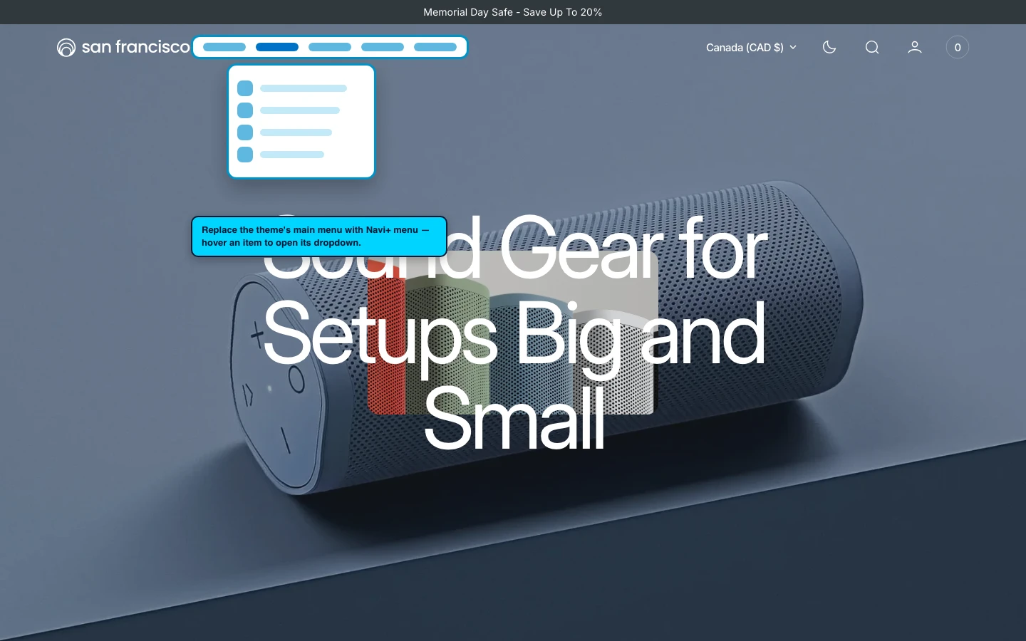 Navi+ Mega Menu replacing the desktop menu on the San Francisco Shopify theme