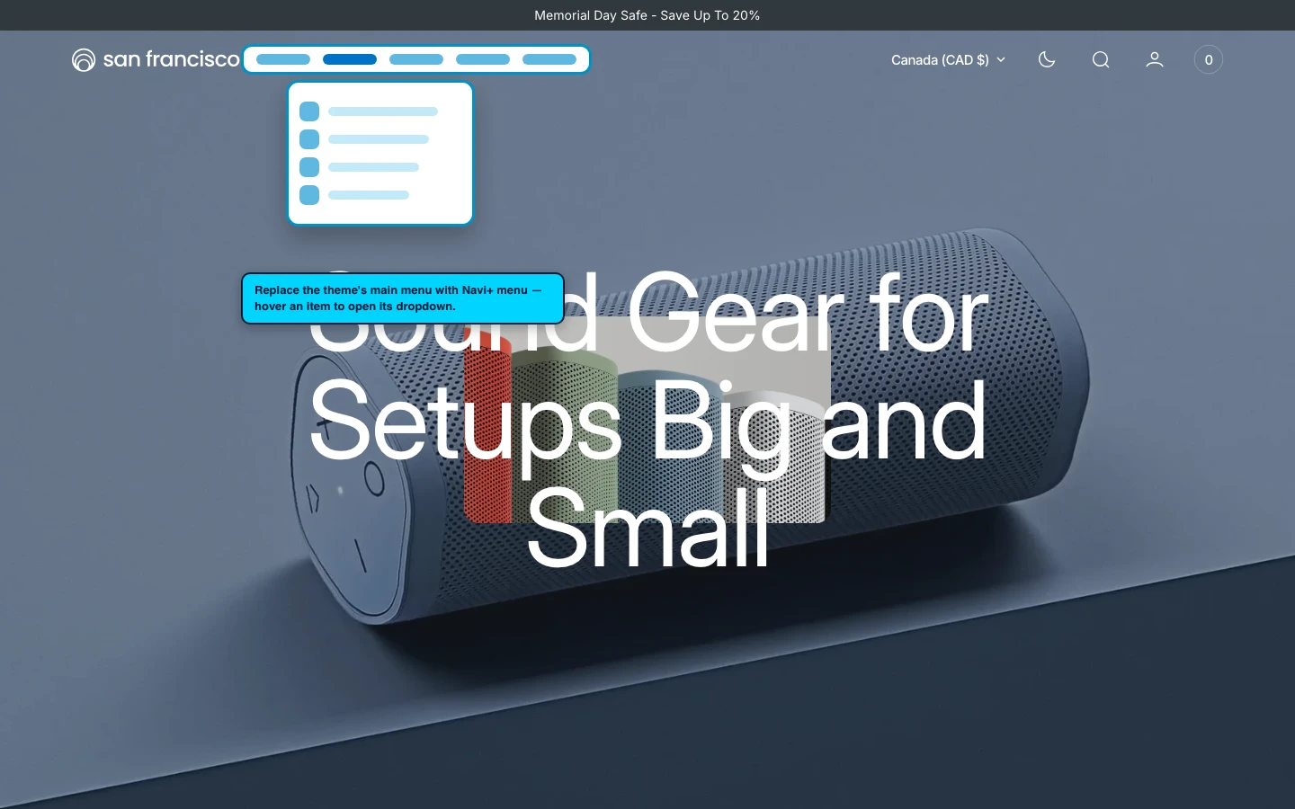 Navi+ Mega Menu replacing the desktop menu on the San Francisco Shopify theme Navi+ Mega Menu replacing the desktop menu on the San Francisco Shopify theme