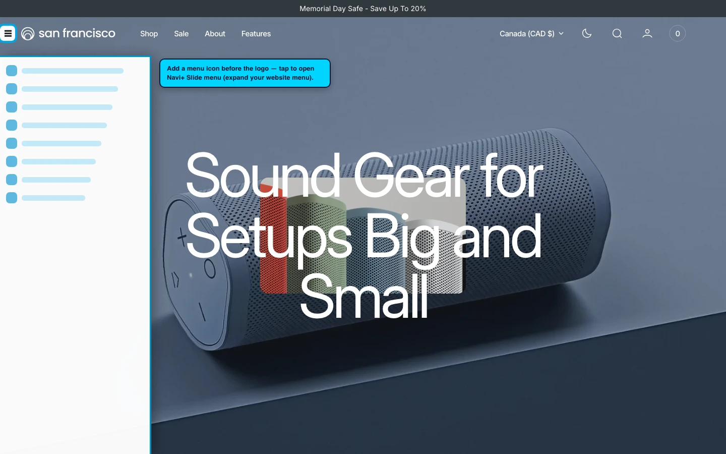 Navi+ trigger icon before the logo on the San Francisco Shopify theme