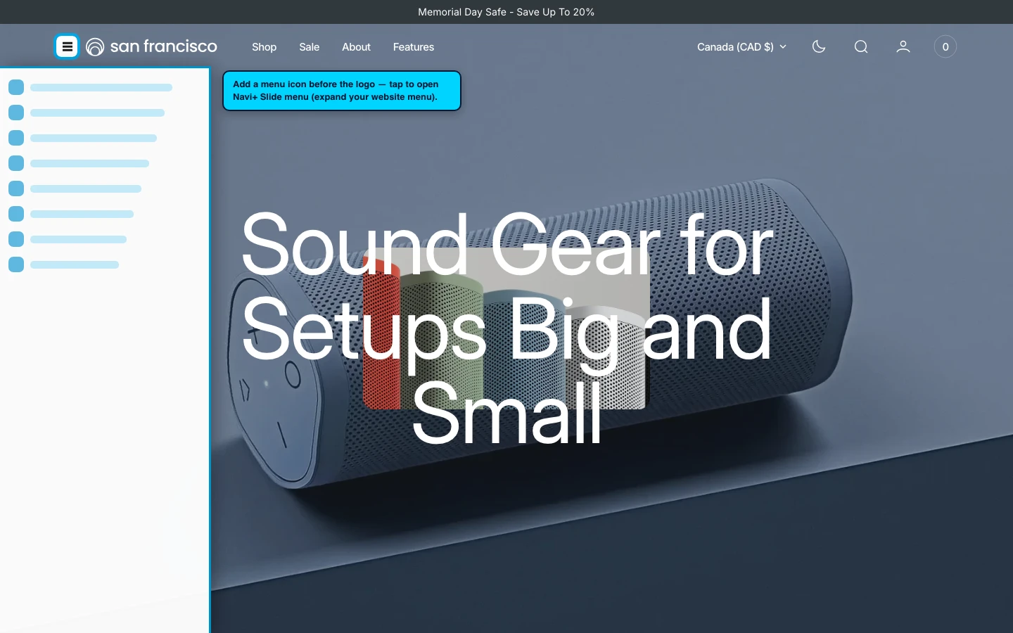 Navi+ trigger icon before the logo on the San Francisco Shopify theme Navi+ trigger icon before the logo on the San Francisco Shopify theme