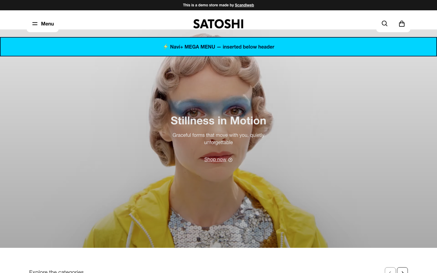 Menu inserted below header — Navi+ on the Satoshi Shopify theme Menu inserted below header — Navi+ on the Satoshi Shopify theme