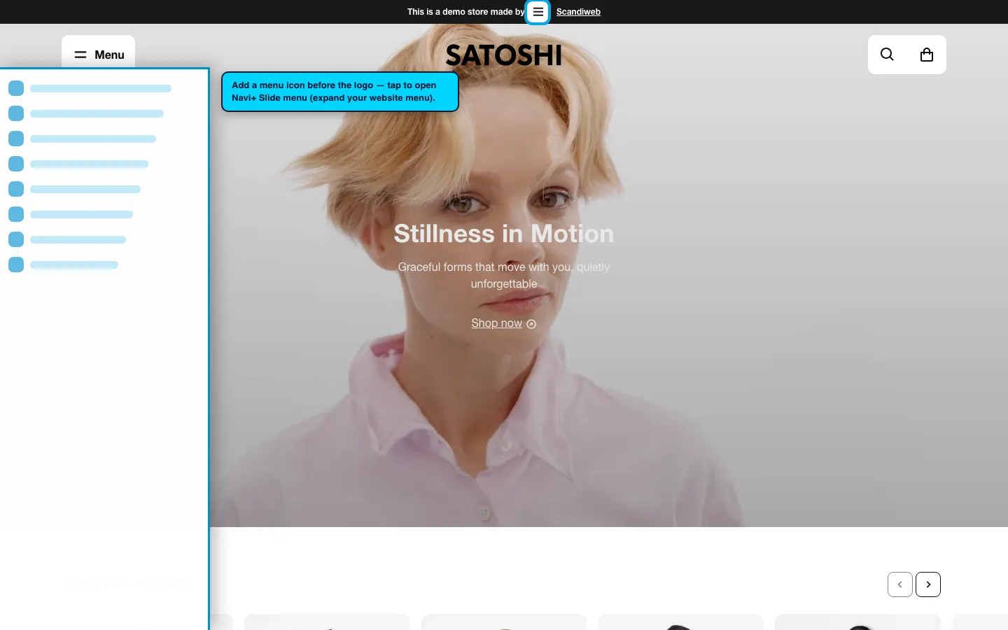 Navi+ trigger icon before the logo on the Satoshi Shopify theme Navi+ trigger icon before the logo on the Satoshi Shopify theme