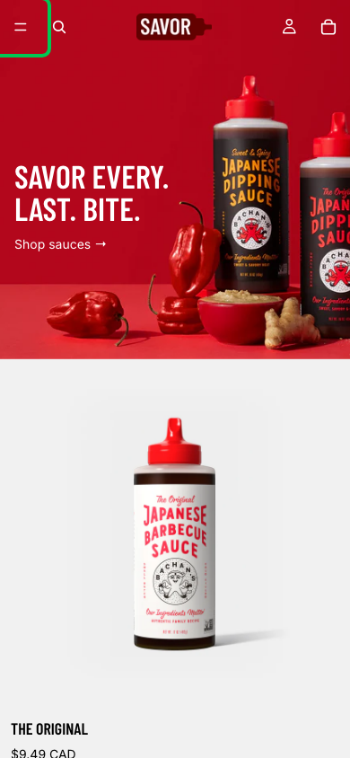 Hamburger → panel opened — Navi+ on the Savor Shopify theme Hamburger → panel opened — Navi+ on the Savor Shopify theme