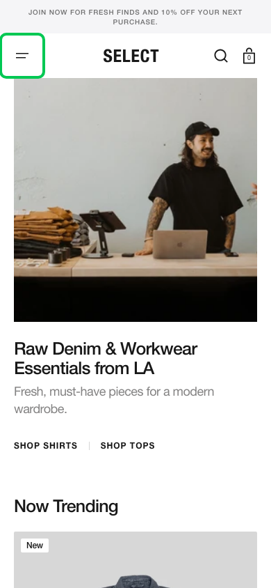 Hamburger → panel opened — Navi+ on the Select Shopify theme Hamburger → panel opened — Navi+ on the Select Shopify theme