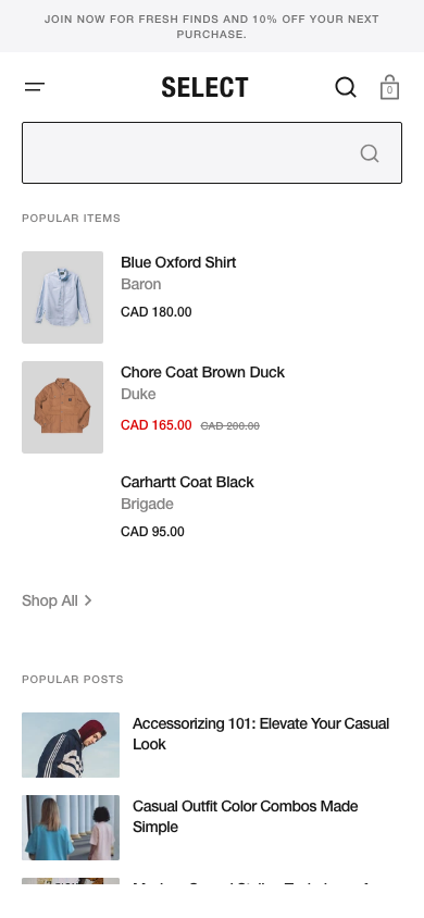 Search → panel opened — Navi+ on the Select Shopify theme Search → panel opened — Navi+ on the Select Shopify theme