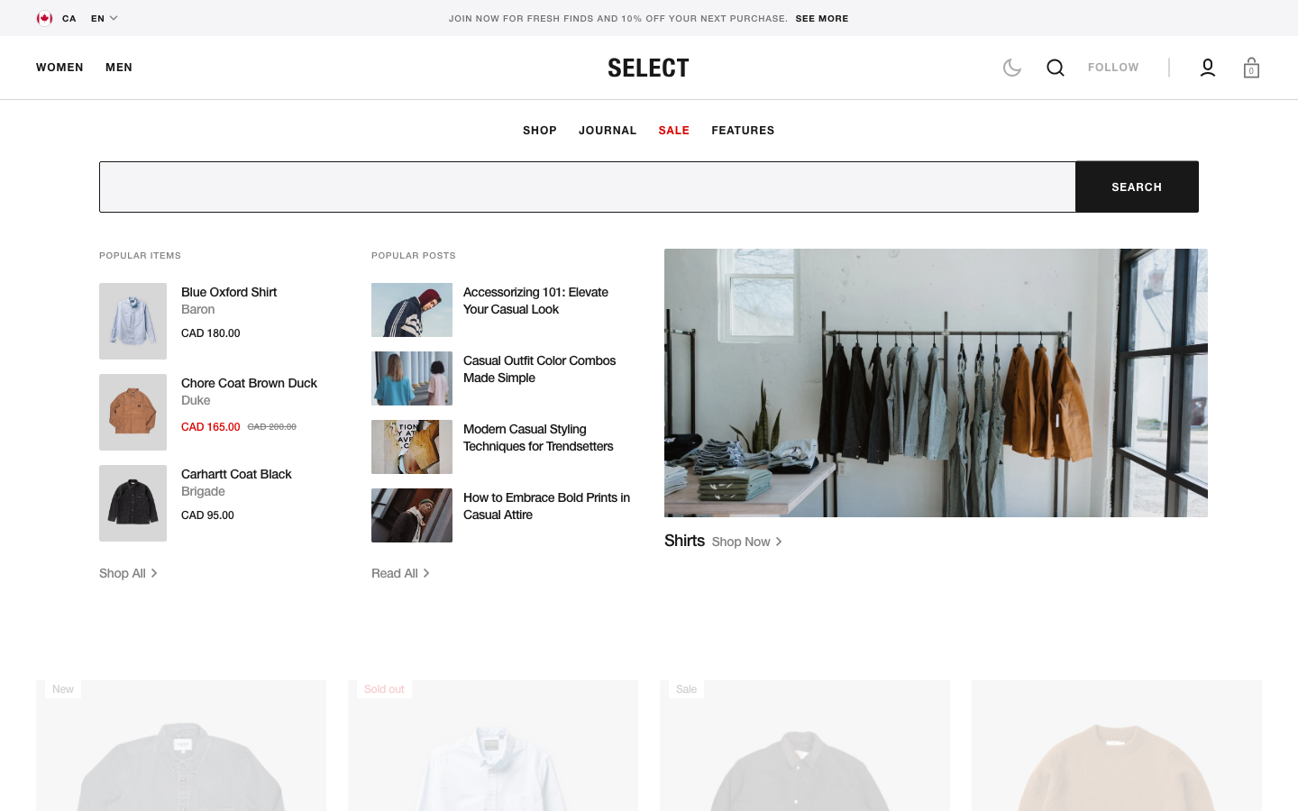 Search → panel opened — Navi+ on the Select Shopify theme Search → panel opened — Navi+ on the Select Shopify theme