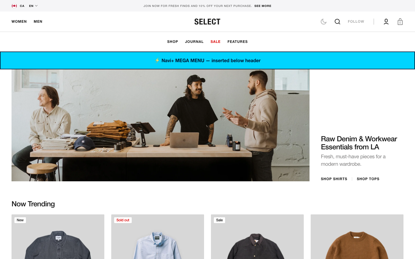 Menu inserted below header — Navi+ on the Select Shopify theme Menu inserted below header — Navi+ on the Select Shopify theme