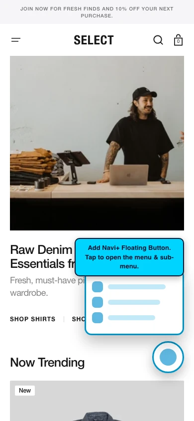 Navi+ FAB on the Select Shopify theme Navi+ FAB on the Select Shopify theme