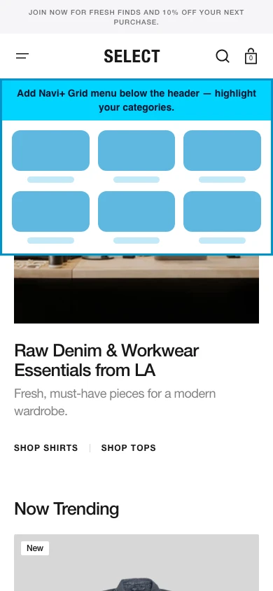 Navi+ Grid Menu on the Select Shopify theme Navi+ Grid Menu on the Select Shopify theme