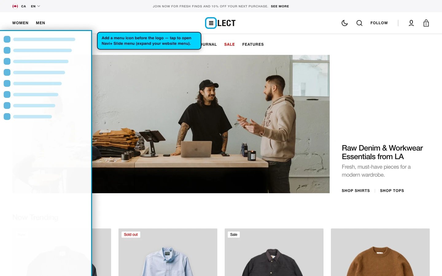 Navi+ trigger icon before the logo on the Select Shopify theme Navi+ trigger icon before the logo on the Select Shopify theme