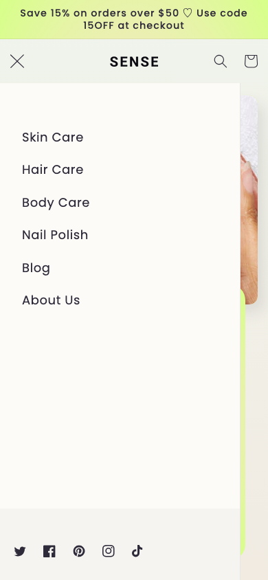 Hamburger → panel opened — Navi+ on the Sense Shopify theme