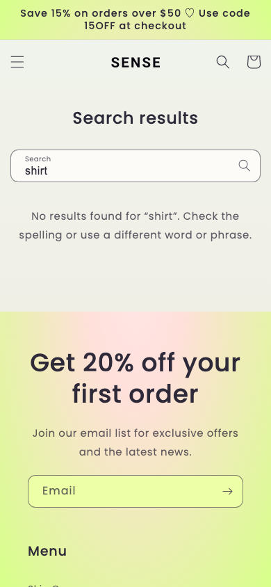 Search → panel opened — Navi+ on the Sense Shopify theme
