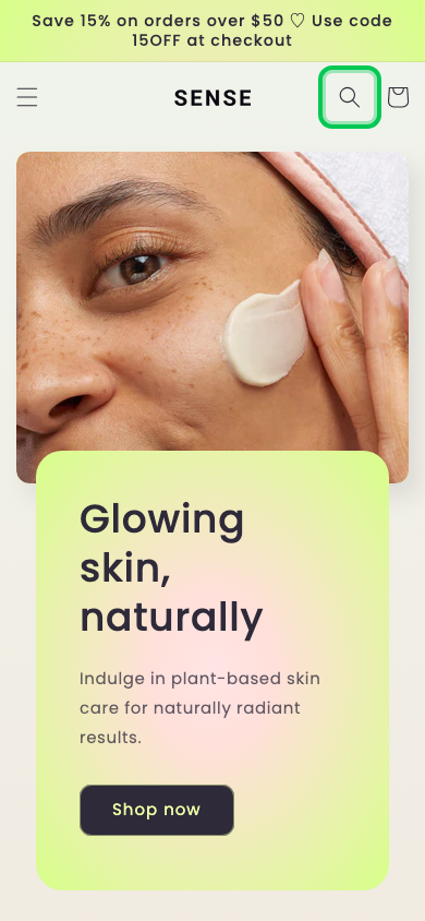 Search → panel opened — Navi+ on the Sense Shopify theme