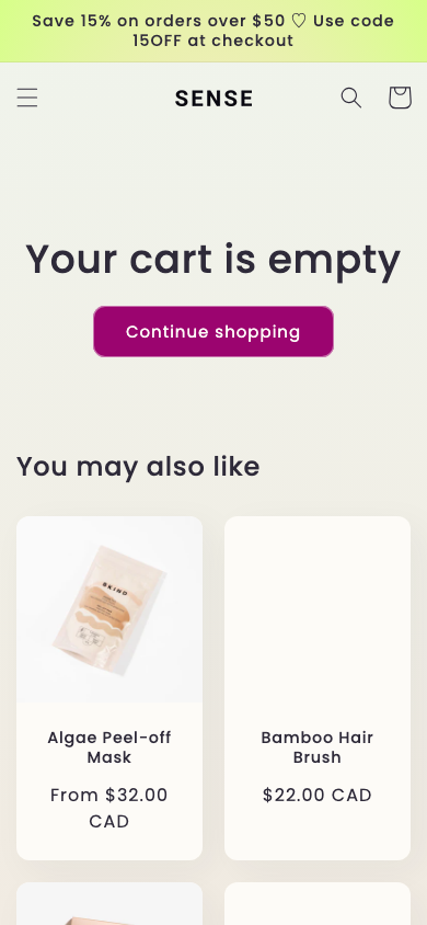 Cart → panel opened — Navi+ on the Sense Shopify theme