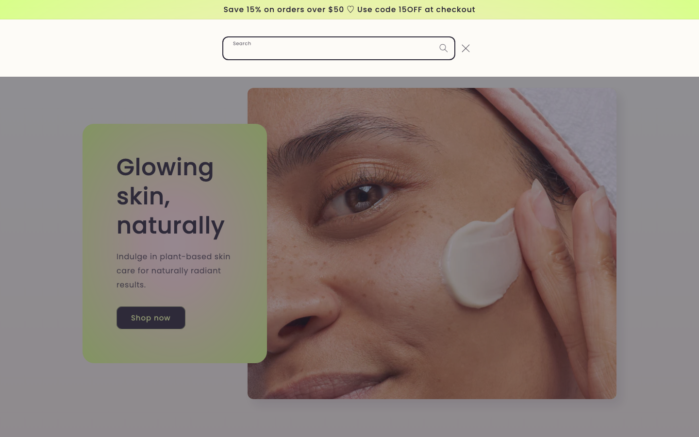 Search → panel opened — Navi+ on the Sense Shopify theme