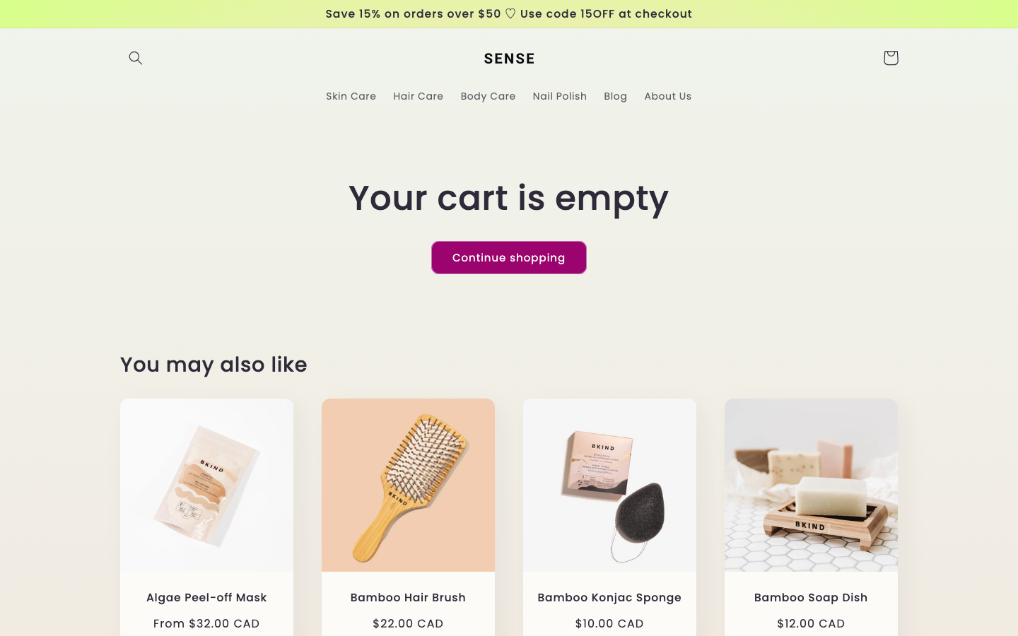Cart → panel opened — Navi+ on the Sense Shopify theme