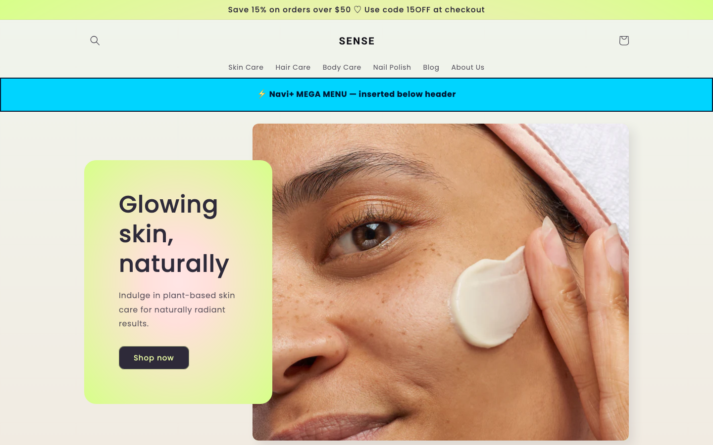 Menu inserted below header — Navi+ on the Sense Shopify theme