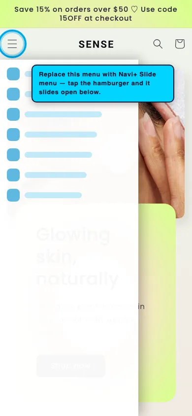 Navi+ Slide Menu on the Sense Shopify theme Navi+ Slide Menu on the Sense Shopify theme