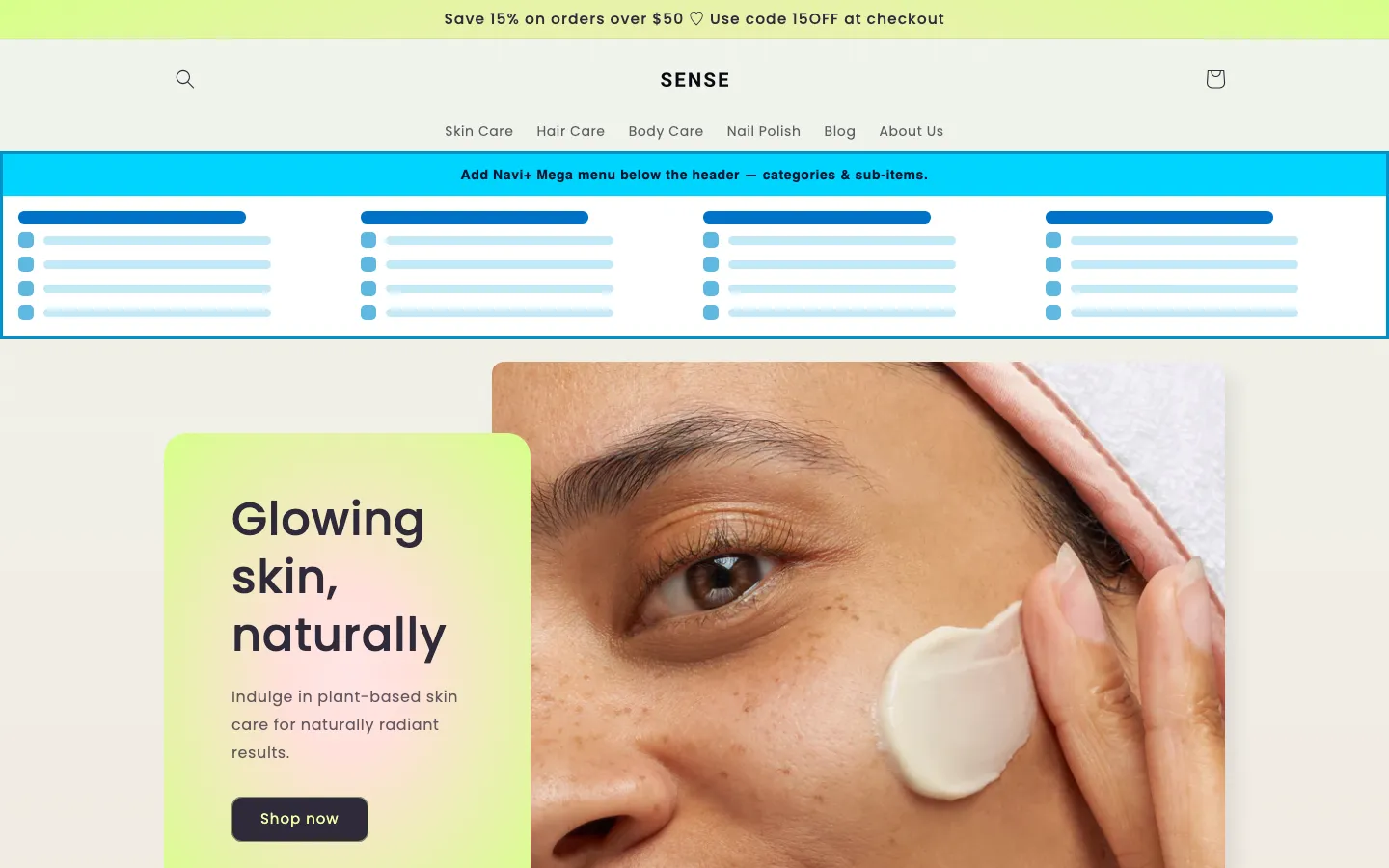 Navi+ Mega Menu inserted below the header on the Sense Shopify theme Navi+ Mega Menu inserted below the header on the Sense Shopify theme