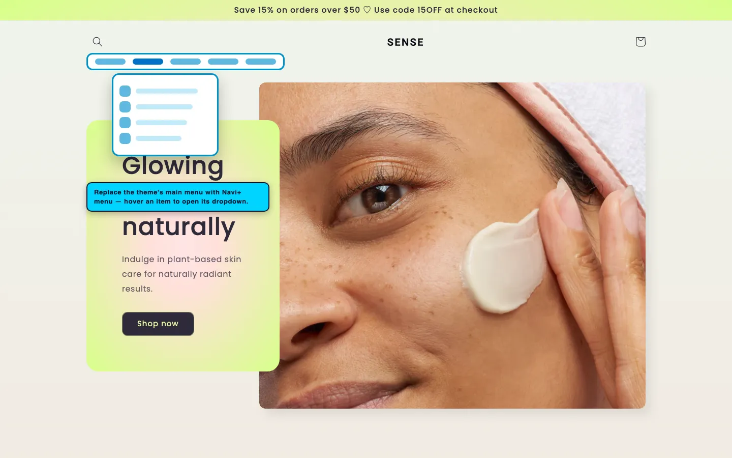Navi+ Mega Menu replacing the desktop menu on the Sense Shopify theme
