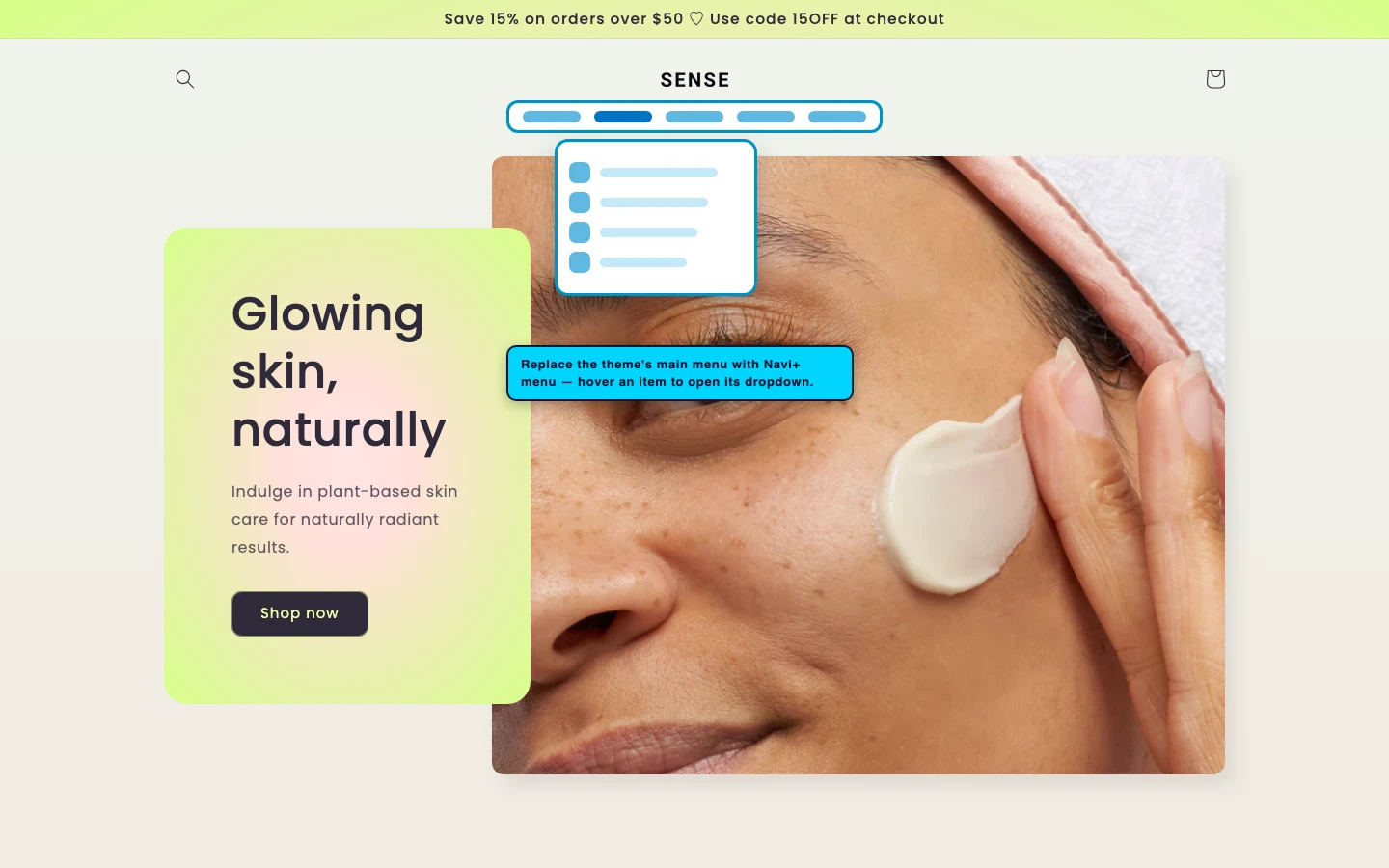 Navi+ Mega Menu replacing the desktop menu on the Sense Shopify theme Navi+ Mega Menu replacing the desktop menu on the Sense Shopify theme