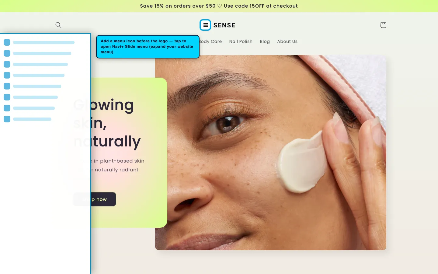 Navi+ trigger icon before the logo on the Sense Shopify theme Navi+ trigger icon before the logo on the Sense Shopify theme