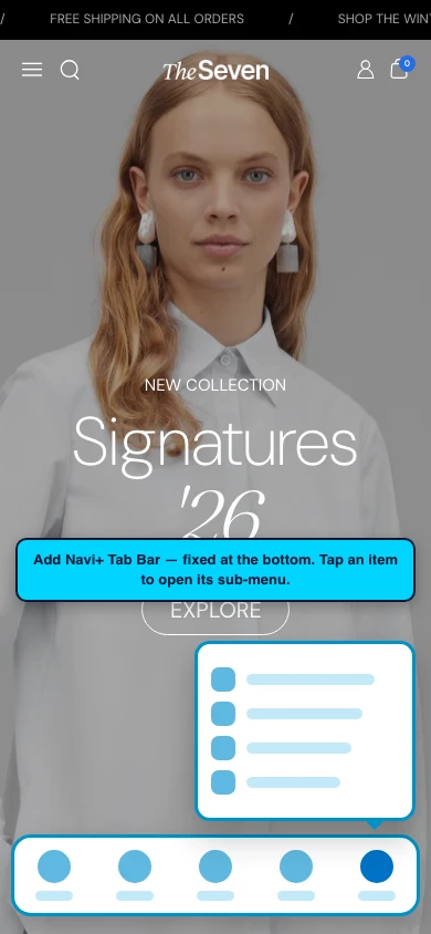 Navi+ Tab Bar on the Seventh Shopify theme Navi+ Tab Bar on the Seventh Shopify theme