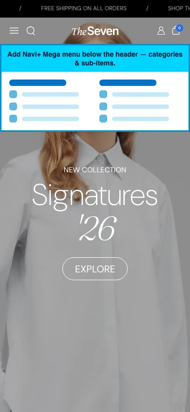 Navi+ mobile Mega Menu on the Seventh Shopify theme Navi+ mobile Mega Menu on the Seventh Shopify theme