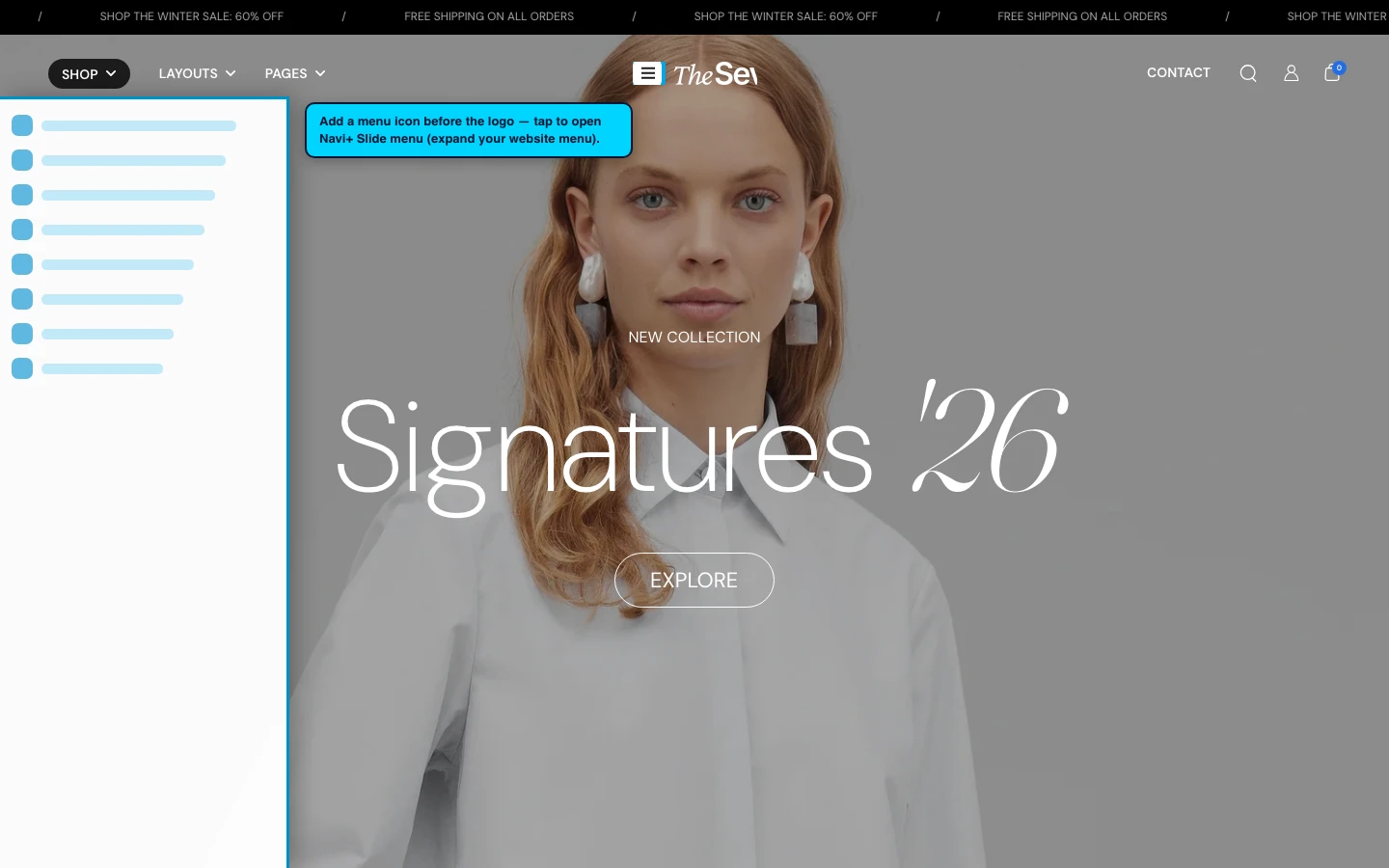 Navi+ trigger icon before the logo on the Seventh Shopify theme Navi+ trigger icon before the logo on the Seventh Shopify theme