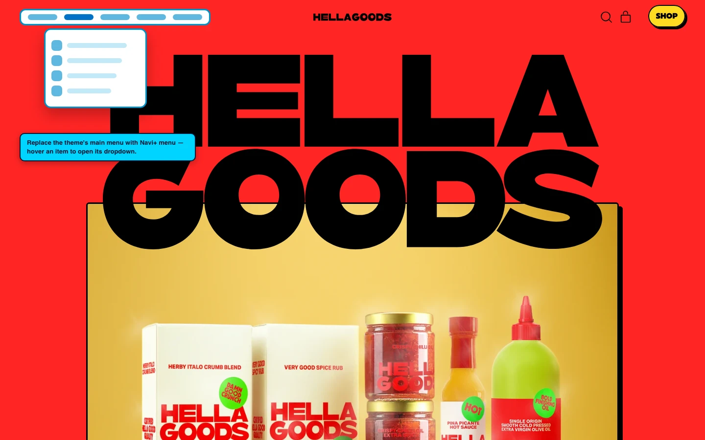 Navi+ Mega Menu replacing the desktop menu on the Shapes Shopify theme Navi+ Mega Menu replacing the desktop menu on the Shapes Shopify theme