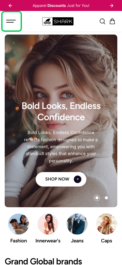 Hamburger → panel opened — Navi+ on the Shark Shopify theme Hamburger → panel opened — Navi+ on the Shark Shopify theme