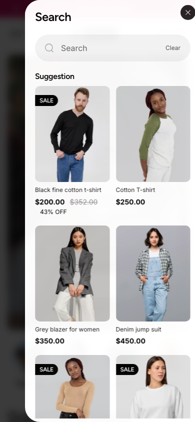 Search → panel opened — Navi+ on the Shark Shopify theme Search → panel opened — Navi+ on the Shark Shopify theme