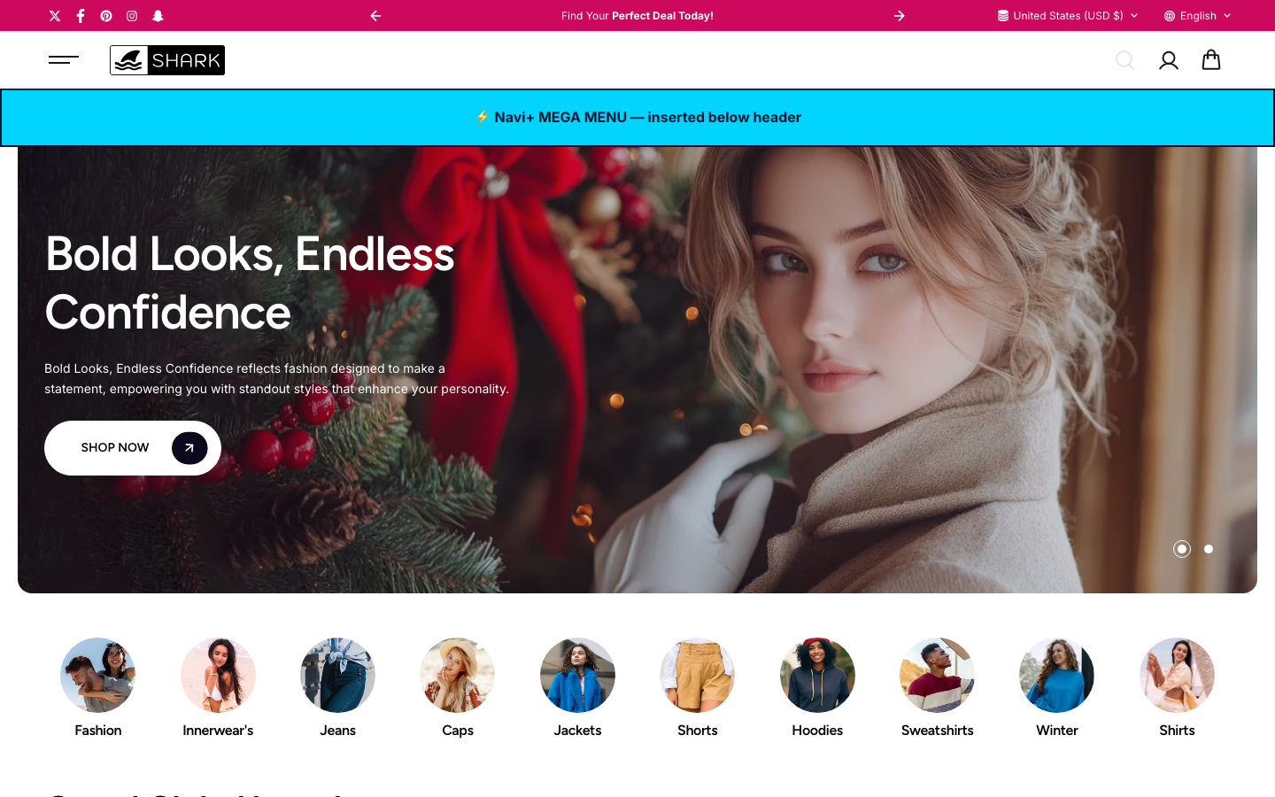 Menu inserted below header — Navi+ on the Shark Shopify theme Menu inserted below header — Navi+ on the Shark Shopify theme