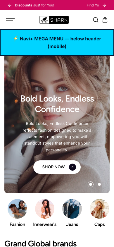 Menu inserted below header — Navi+ on the Shark Shopify theme Menu inserted below header — Navi+ on the Shark Shopify theme