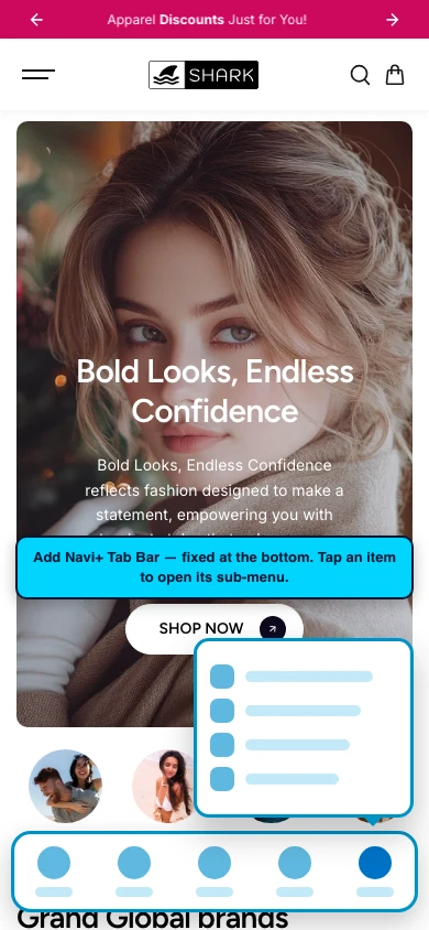 Navi+ Tab Bar on the Shark Shopify theme Navi+ Tab Bar on the Shark Shopify theme