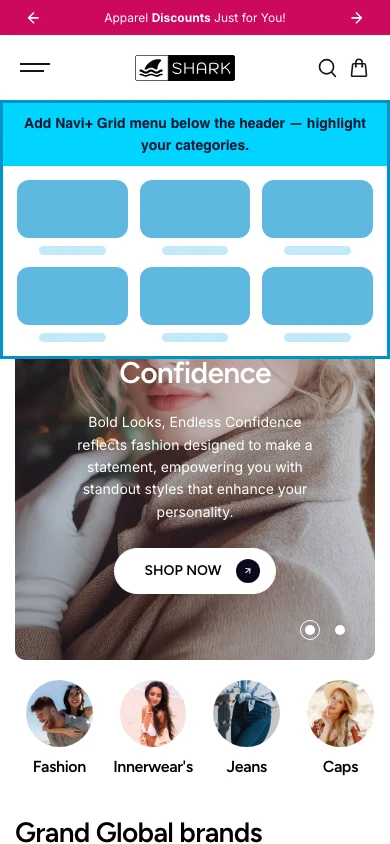 Navi+ Grid Menu on the Shark Shopify theme Navi+ Grid Menu on the Shark Shopify theme
