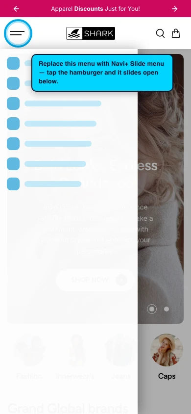 Navi+ Slide Menu on the Shark Shopify theme Navi+ Slide Menu on the Shark Shopify theme