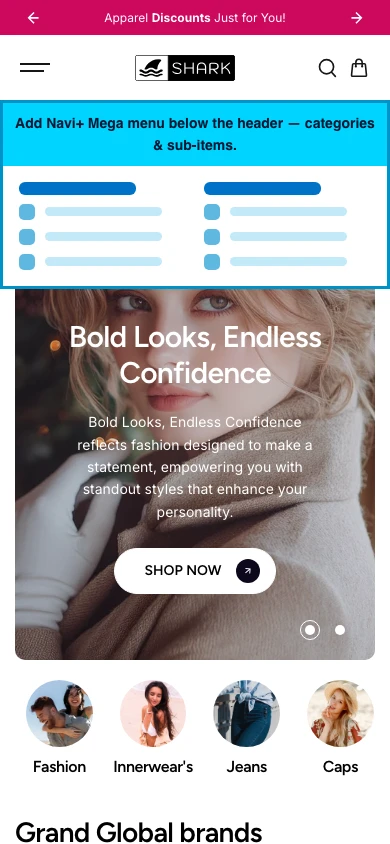 Navi+ mobile Mega Menu on the Shark Shopify theme Navi+ mobile Mega Menu on the Shark Shopify theme