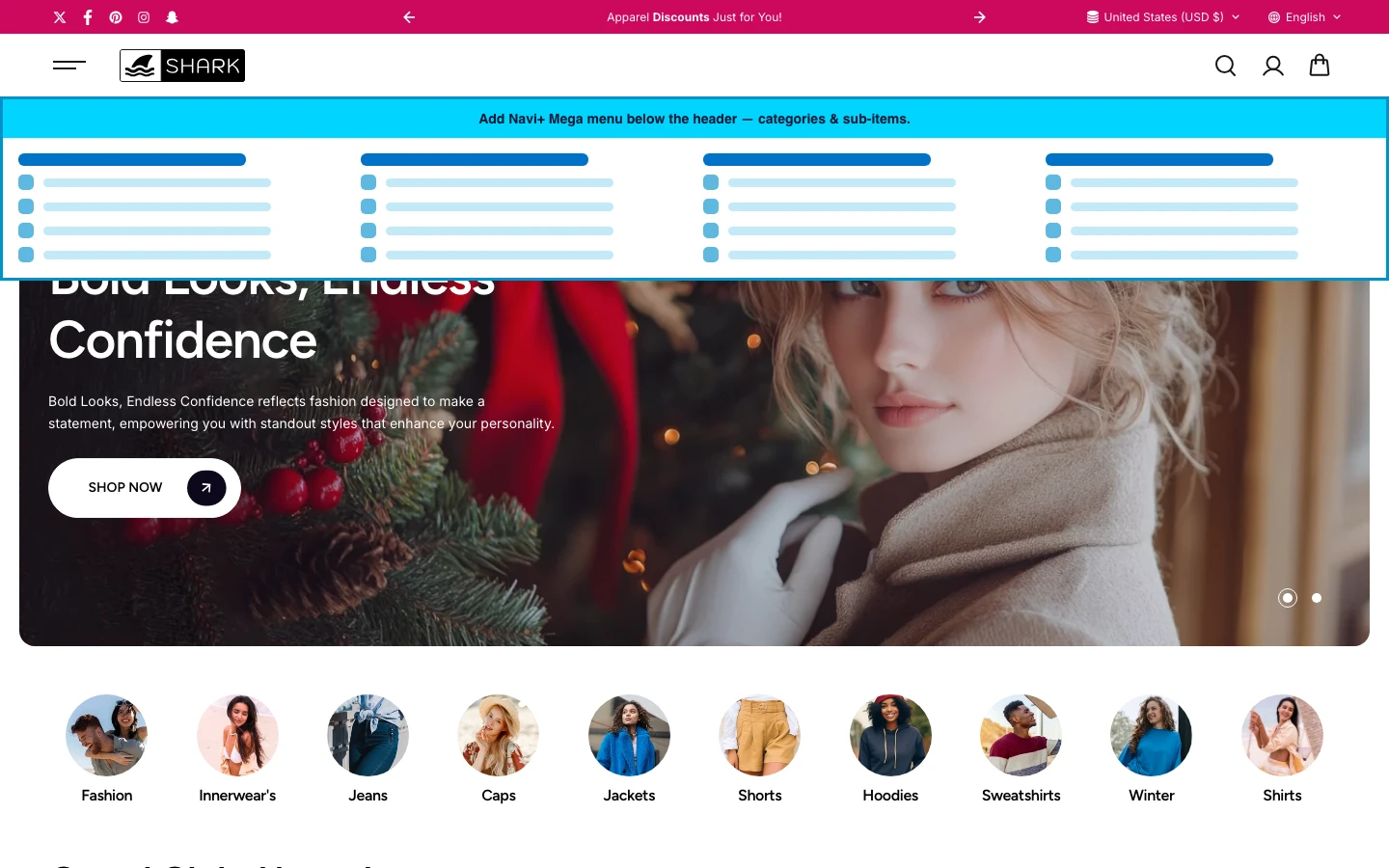 Navi+ Mega Menu inserted below the header on the Shark Shopify theme Navi+ Mega Menu inserted below the header on the Shark Shopify theme