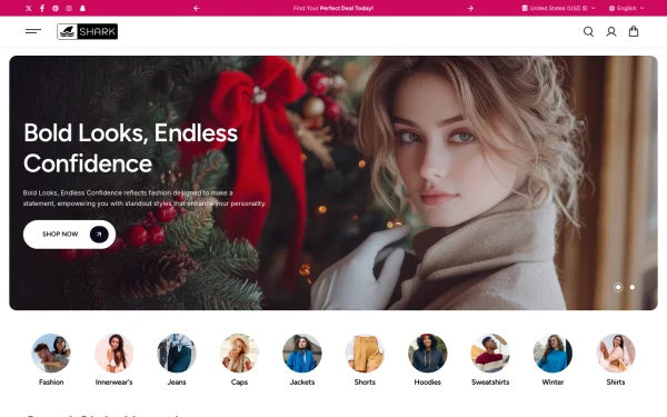 Full-page desktop screenshot of Shopify Shark theme demo store