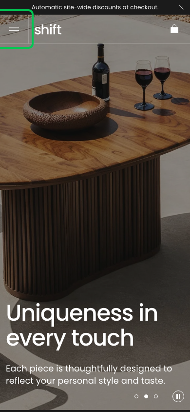 Hamburger → panel opened — Navi+ on the Shift Shopify theme Hamburger → panel opened — Navi+ on the Shift Shopify theme
