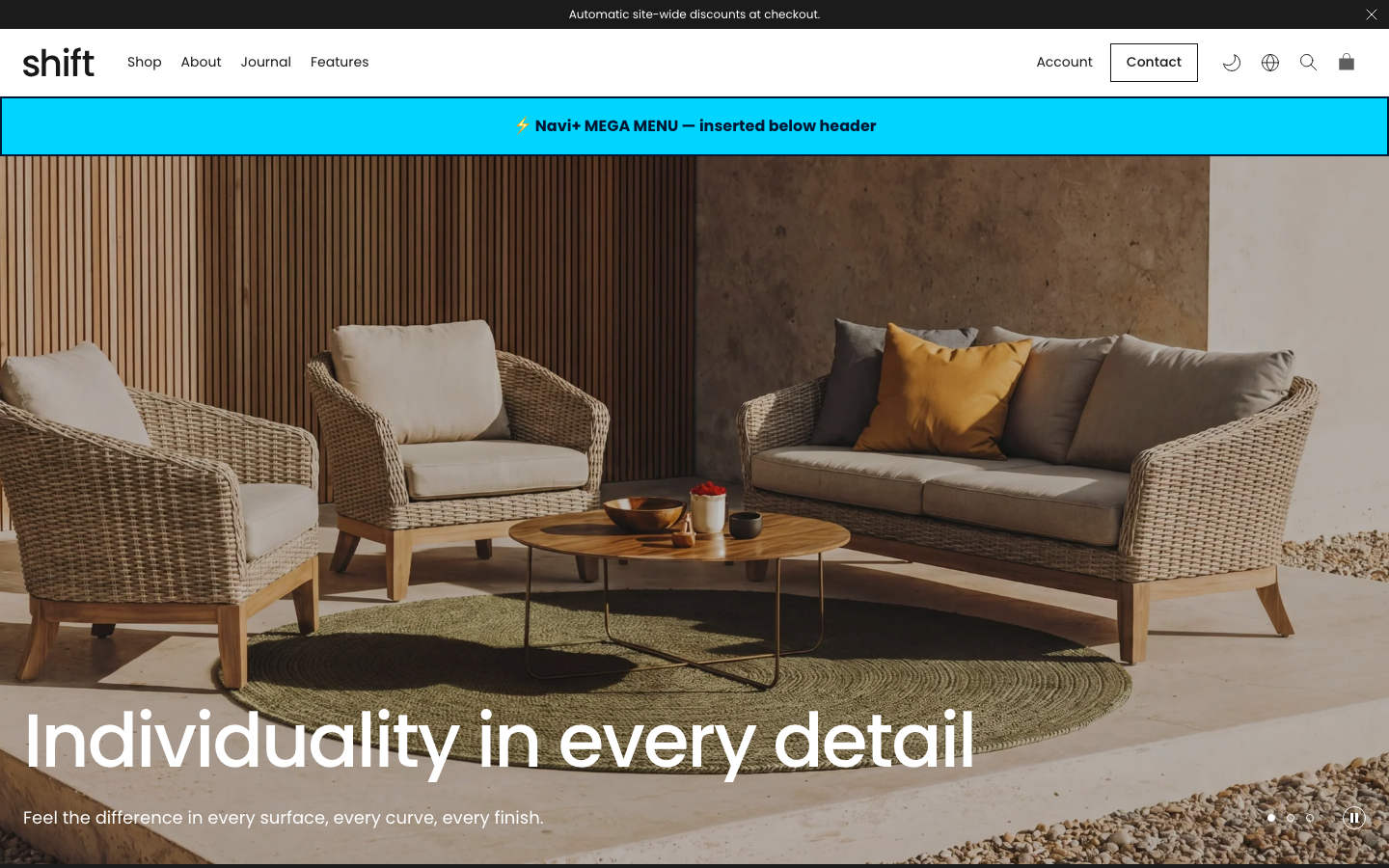 Menu inserted below header — Navi+ on the Shift Shopify theme Menu inserted below header — Navi+ on the Shift Shopify theme