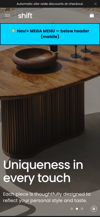 Menu inserted below header — Navi+ on the Shift Shopify theme Menu inserted below header — Navi+ on the Shift Shopify theme