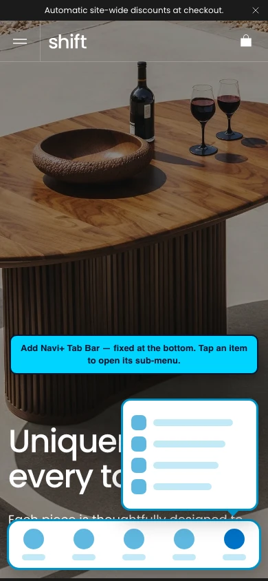 Navi+ Tab Bar on the Shift Shopify theme Navi+ Tab Bar on the Shift Shopify theme